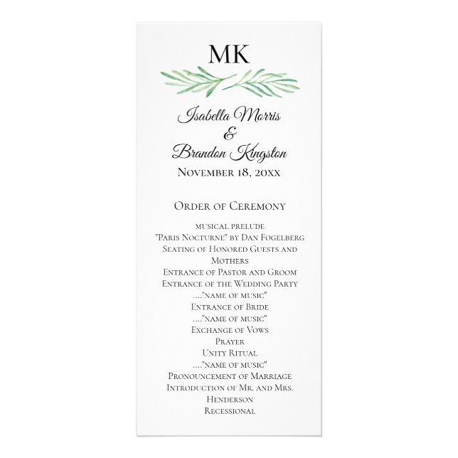 Elegant Monogram Greenery Wedding Program 2 Rack Card (Front)