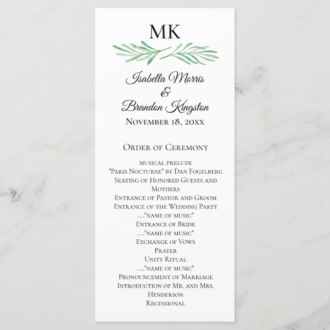 Elegant Monogram Greenery Wedding Program Menu (Front)