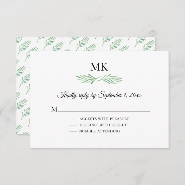 Elegant Monogram Greenery Wedding RSVP Invitation (Front/Back)