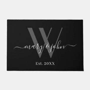 Elegant Monogram Grey Black Names Script Wedding Doormat