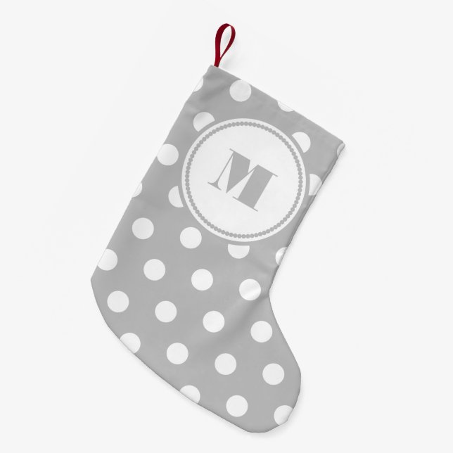 Elegant Monogram Grey Polka Dots Small Christmas Stocking (Front (Hanging))