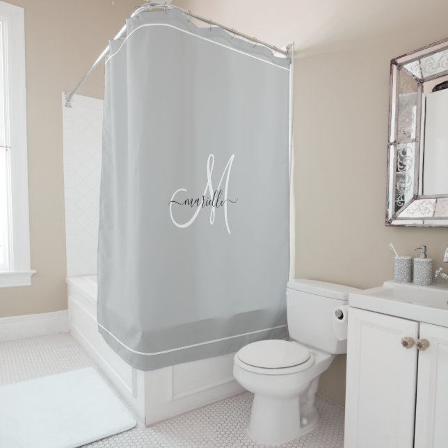 Elegant Monogram Grey White Script Name Shower Curtain (In Situ)