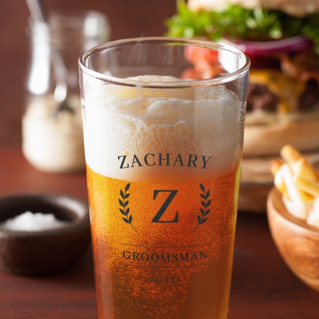 Elegant Monogram Groomsmen Gift Wedding Beer Glass (Creator Uploaded)