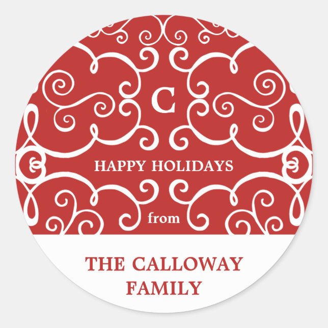 Elegant Monogram Holiday Sticker / Red (Front)