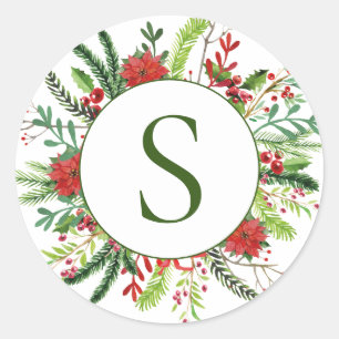 Elegant Monogram Holiday Winter Wreath Classic Round Sticker