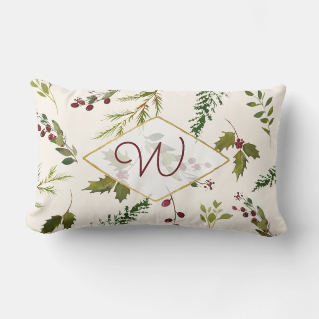 Elegant Monogram Holly Berry Vintage Script Lumbar Cushion (Front)