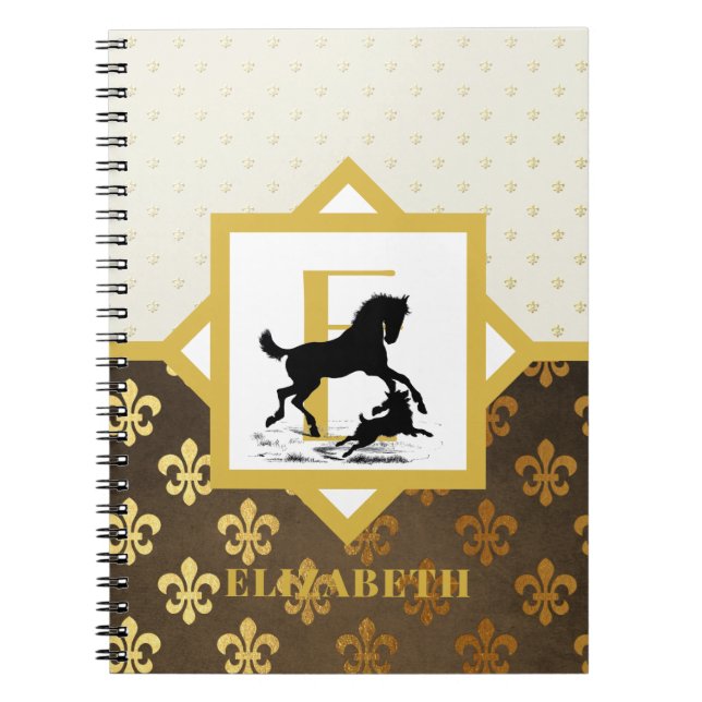 Elegant Monogram Horse Dog Gold Bronze Fleurdelys Notebook (Front)
