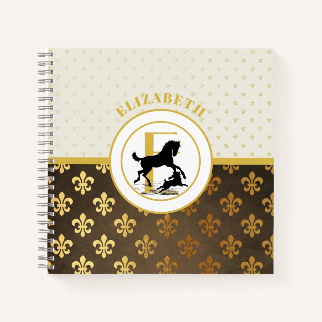 Elegant Monogram Horse Dog Gold Bronze Fleurdelys Notebook (Front)