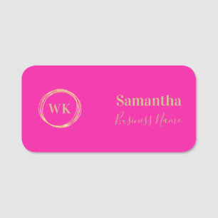 Elegant Monogram Hot Pink Gold Employee Name Tag