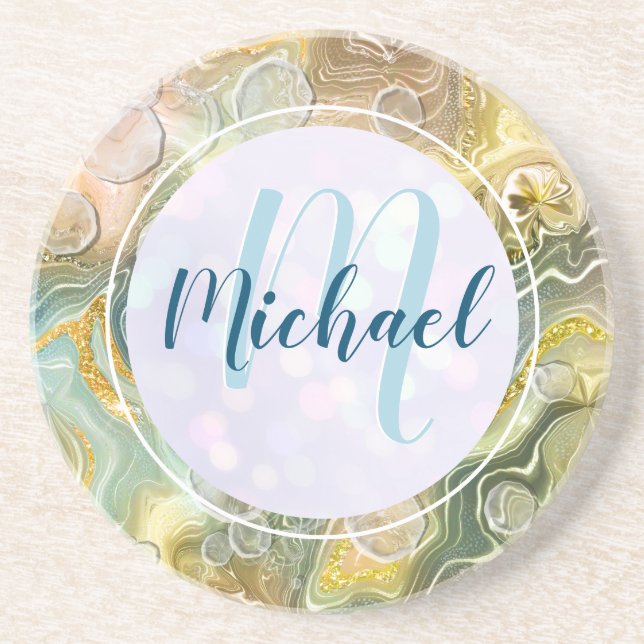 Elegant Monogram Initial Abstract Gold Marble Coaster (Front)