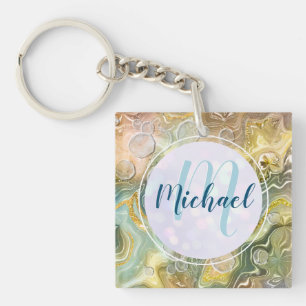 Elegant Monogram Initial Abstract Gold Marble Key Ring