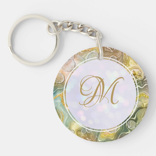 Elegant Monogram Initial Abstract Gold Marble Key Ring (Front)