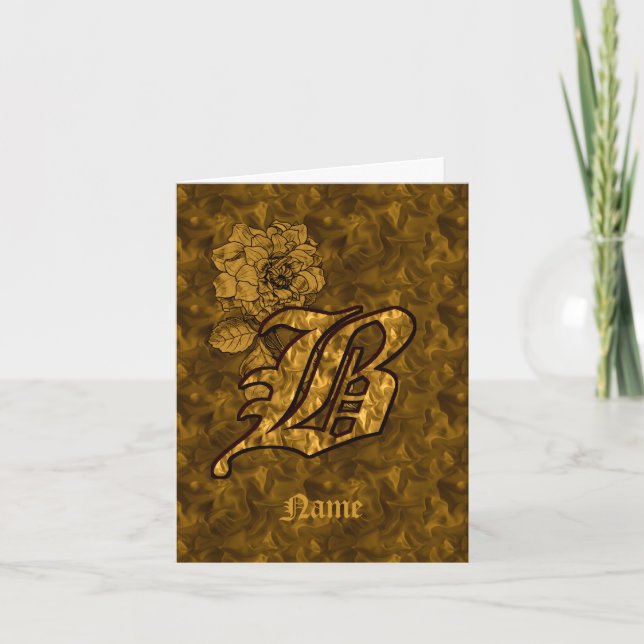 Elegant Monogram Initial B Gold Peony Personalised Note Card (Front)