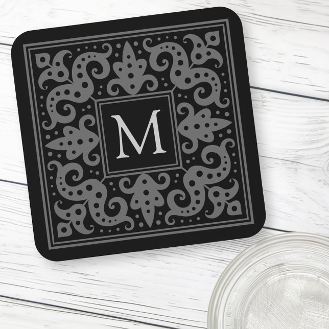 Elegant monogram initial black grey ornate border coaster (Elegant monogram initial black gray ornate border beverage coaster)