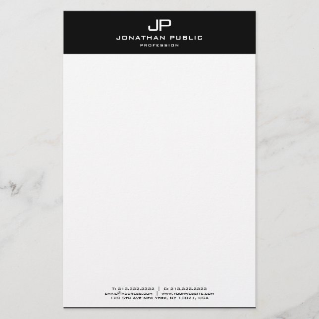 Elegant Monogram Initial Black White Template Stationery (Front)
