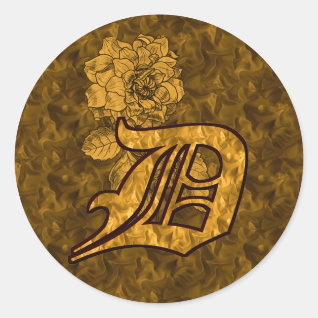 Elegant Monogram Initial D Gold Peony Flower Classic Round Sticker (Front)