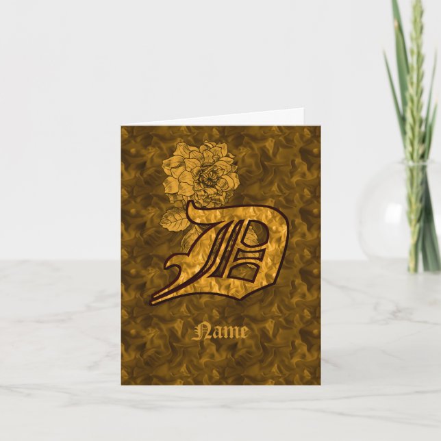 Elegant Monogram Initial D Gold Peony Personalised Note Card (Front)