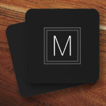 Elegant monogram initial double gray border black  coaster<br><div class="desc">Coasters featuring your monogram initial in white inside a square,  dark gray double border on a black background.</div>