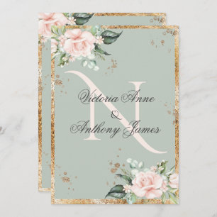Elegant Monogram Initial Floral Sage Gold Wedding Invitation