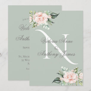 Elegant Monogram Initial Floral Sage Green Wedding Invitation