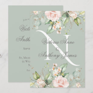 Elegant Monogram Initial Floral Sage Green Wedding Invitation