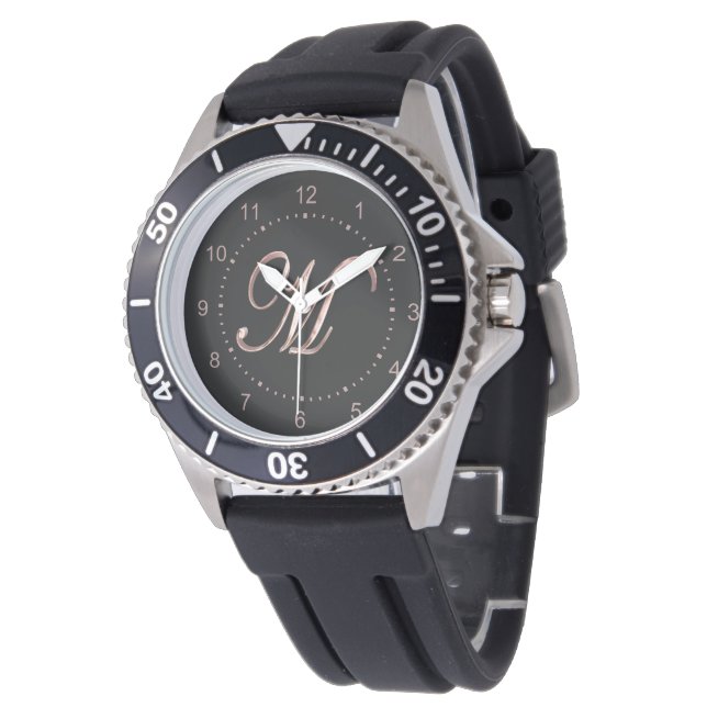 Elegant Monogram Initial Letter M Black Rose Gold Watch (Angled)