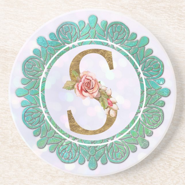 Elegant Monogram Initial Letters with Mandala Coaster (Front)