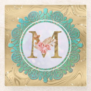 Elegant Monogram Initial Letters with Mandala Glass Coaster