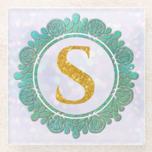 Elegant Monogram Initial Letters with Mandala Glass Coaster