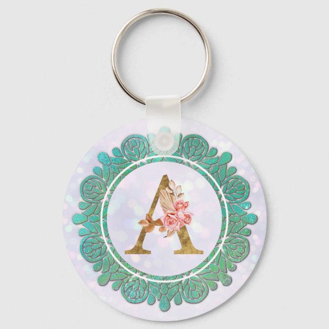 Elegant Monogram Initial Letters with Mandala Key Ring (Front)