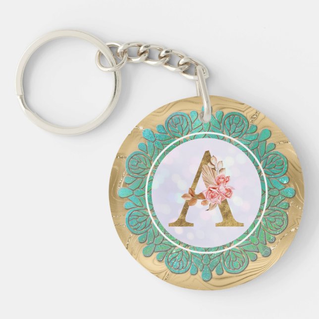 Elegant Monogram Initial Letters with Mandala Key Ring (Front)