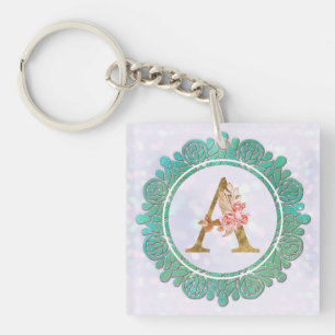 Elegant Monogram Initial Letters with Mandala Key Ring