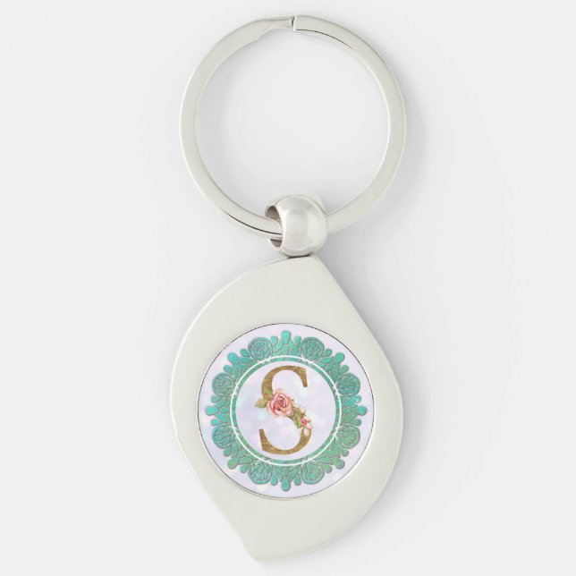 Elegant Monogram Initial Letters with Mandala Key Ring (Front)