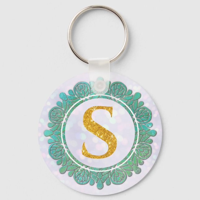 Elegant Monogram Initial Letters with Mandala Key Ring (Front)