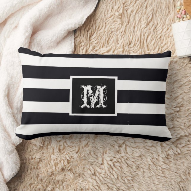 Elegant Monogram Initial Modern Chic Black & White Lumbar Cushion (Blanket)