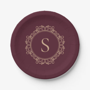 Elegant Monogram Initial Modern Classic Burgundy Paper Plate