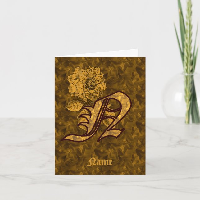 Elegant Monogram Initial N Gold Peony Personalised Note Card (Front)