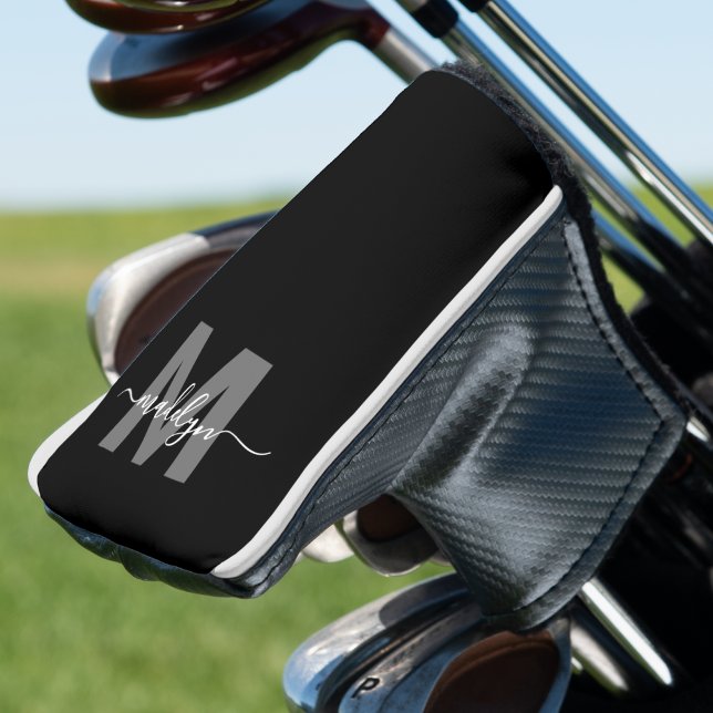 Elegant Monogram Initial Name Personalised Golf Head Cover (Black White Monogram Golf Head Cover )