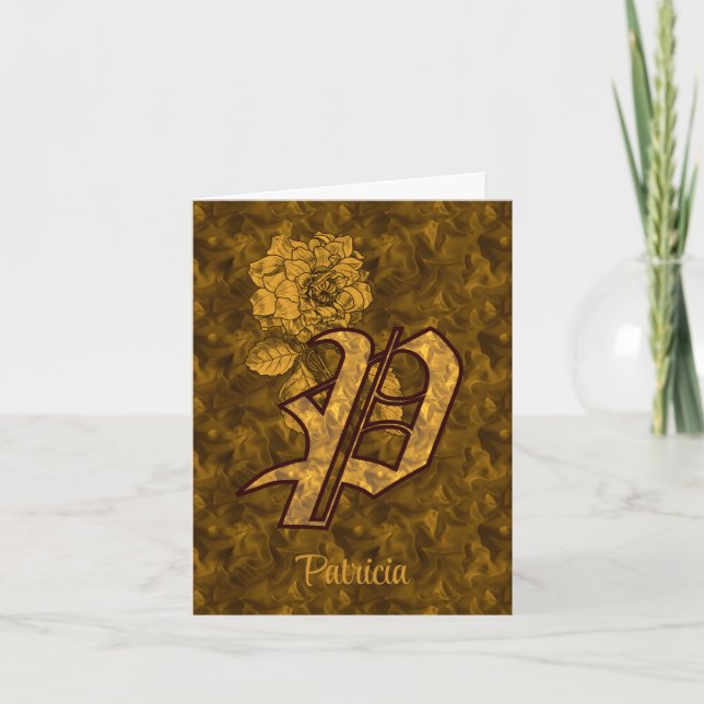 Elegant Monogram Initial P Gold Peony Personalised Note Card (Front)