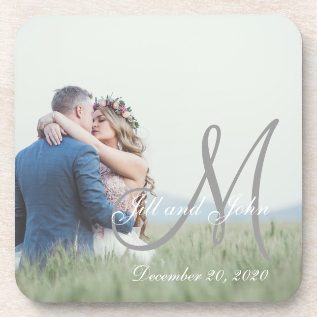Elegant Monogram Initial Photo Wedding Coaster (Front)