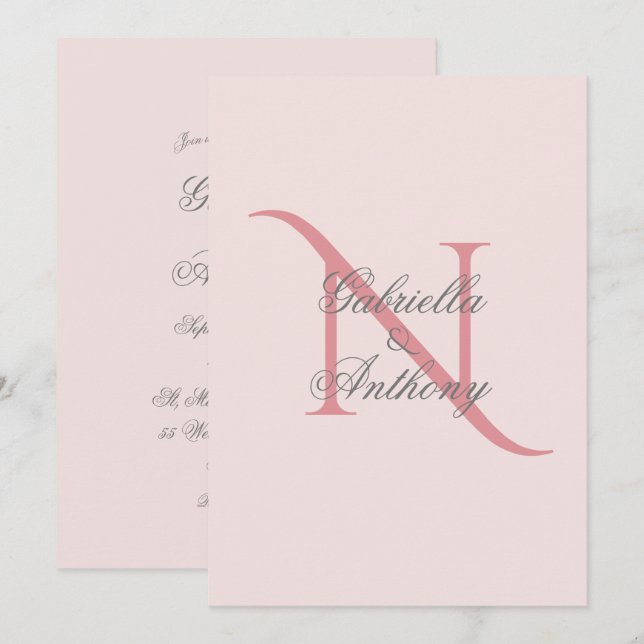 Elegant Monogram Initial Pink Wedding Invitation (Front/Back)