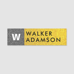 Elegant Monogram Initial, Professional Black Gold Name Tag
