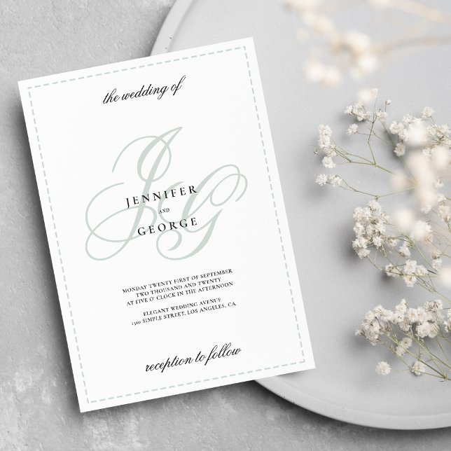 Elegant monogram initials mint green white wedding invitation (Elegant monogram initials mint green white wedding )