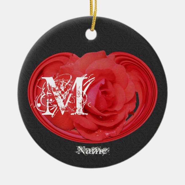 Elegant Monogram Initials Rose Personalised Ceramic Tree Decoration (Front)