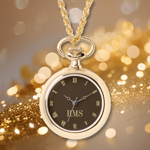 Elegant Monogram Ladies Brown Gold Necklace Watch