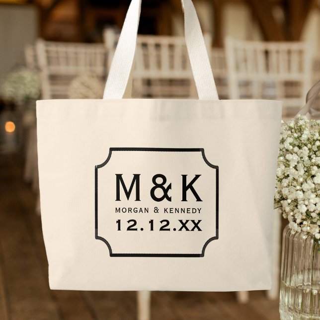 Elegant Monogram Large Wedding Tote Bag (A classic Monogrammed Wedding Tote Bag with space for your initials and wedding date)