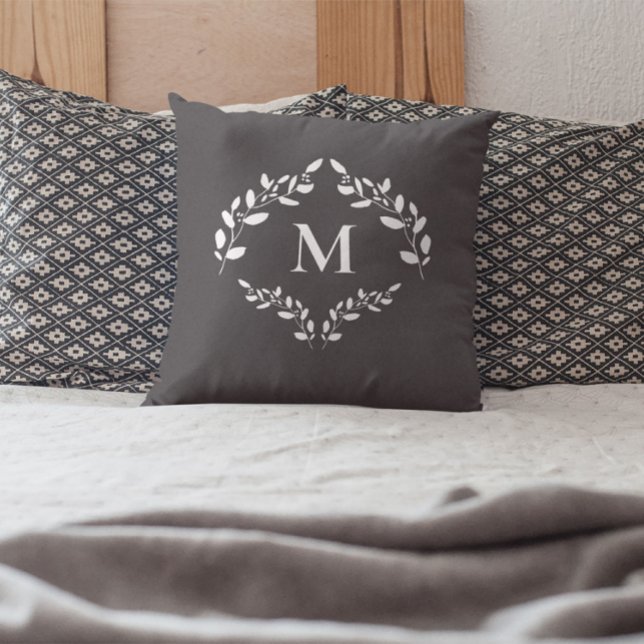Elegant Monogram Laurel Leaves Crest Custom Cushion (Master bedroom Monogram laurel leaves wreath accent pillow)
