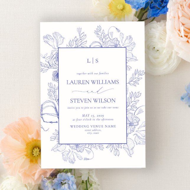 Elegant Monogram Lavender Floral Line Art Wedding Invitation (Creator Uploaded)