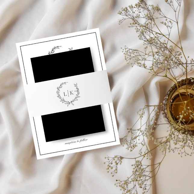 Elegant Monogram Leaf Crest Black White Wedding Invitation Belly Band (Creator Uploaded)