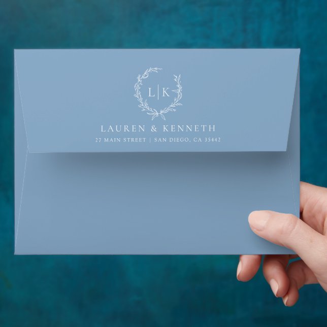 Elegant Monogram Leaf Crest Dusty Blue Wedding Envelope (Hand)